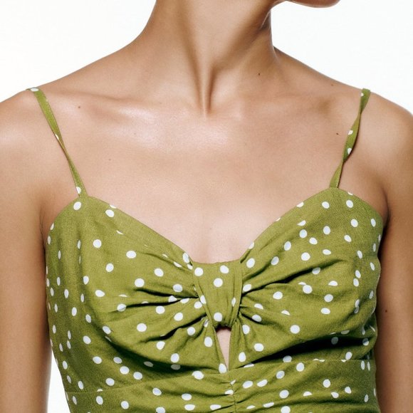 NEW Zara Linen Blend Bow Knot Cutout Polka Dot Draped Ruched Ruffle Mini Dress L - Picture 7 of 10